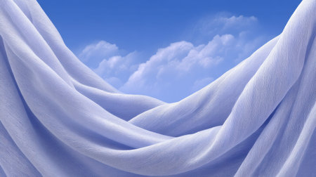 A smooth fabric flowing cloth soft texture sky blue cloud background gentle wave airy drape minimal scene soft flowing fabric with airy drape overの素材