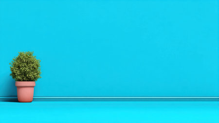 A turquoise wall blue floor potted plant green shrub minimal design copy space modern interior home decor vibrant color empty roomの素材