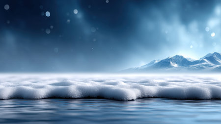 An ice sky blue background ultra clean copy space bokeh landscape serene winter frozen lake snow mountain horizon arctic dreamlike tranquil sceneの素材