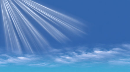 A soft sky blue background premium ice tone with sun ray light effect above clean cloud horizon, dreamy calm abstract nature scene backgroundの素材