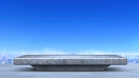 A premium sky blue background ultra clean concrete platform, minimal empty steppe style display with copy space for product, modern and calm sceneの素材