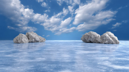An ice sky blue background smooth frozen lake with rock formation dreamy horizon nature landscape scene surreal calm reflectionの素材