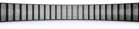 3d rendering of multiple rack servers on a row on white background.