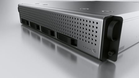 3d rendering of a rack server on white reflective ground.
