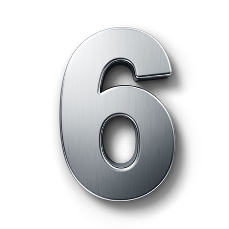 3d rendering of the number 6 in brushed metal on a white isolated background.の写真素材