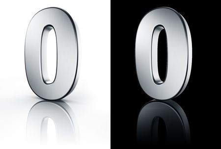 3d rendering of the number 0 in brushed metal on a white and black reflective floor.