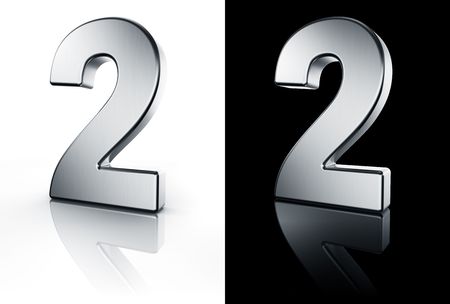 3d rendering of the number 2 in brushed metal on a white and black reflective floor.の写真素材