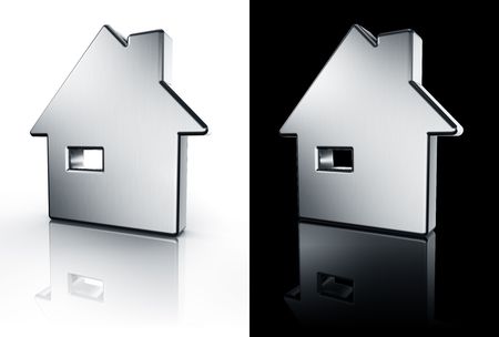3d rendering of a house in brushed metal on a white and black reflective floor.の写真素材