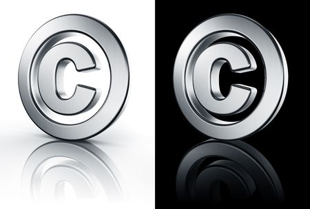 3d rendering of the copyright sign in brushed metal on a white and black reflective floor.の写真素材