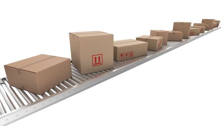 3d rendering of Cardboard boxes on a conveyor beltの写真素材