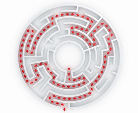 3d rendering of a maze with the correct path marked with arrowsの写真素材