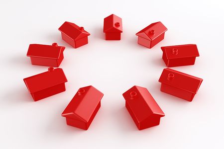 3d rendering of red houses in a circleの写真素材