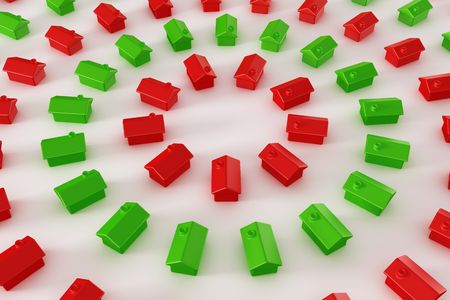 3d rendering of red and green houses in a circleの写真素材