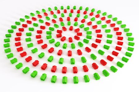 3d rendering of red and green houses in a circleの写真素材