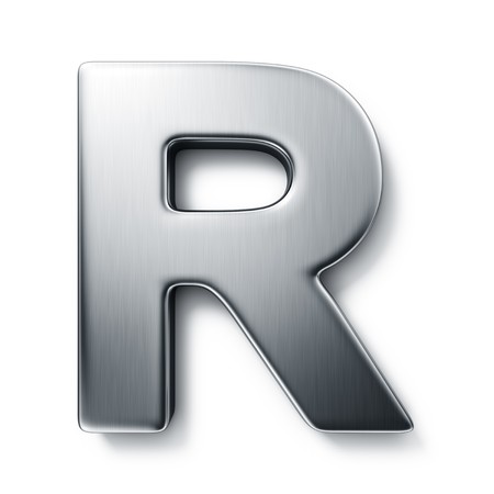 3d rendering of the letter R in brushed metal on a white isolated background. 3d rendering of the letter R in brushed metal on a white isolated background.