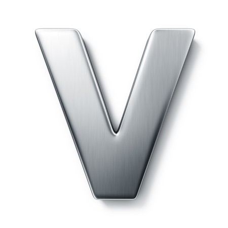 3d rendering of the letter V in brushed metal on a white isolated background.の写真素材