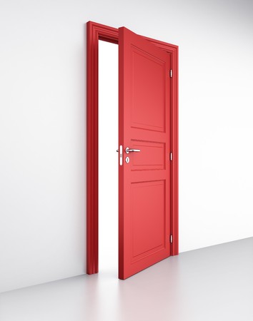 3d rendering of an open red door in a white wallの写真素材