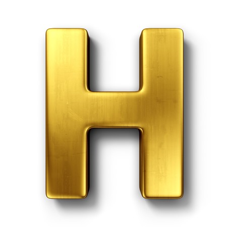 3d rendering of the letter H in gold metal on a white isolated 
