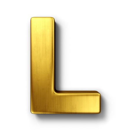 3d rendering of the letter L in gold metal on a white isolated background. 3d rendering of the letter L in gold metal on a white isolated background.