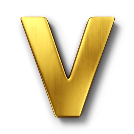 3d rendering of the letter V in gold metal on a white isolated background. 3d rendering of the letter V in gold metal on a white isolated background.