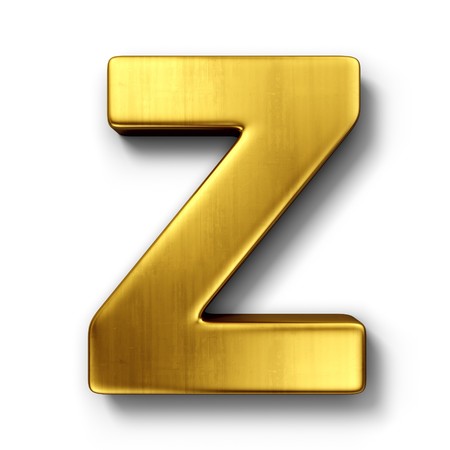 3d rendering of the letter Z in gold metal on a white isolated background.の写真素材