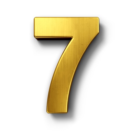3d rendering of the number 7 in gold metal on a white isolated background.の写真素材