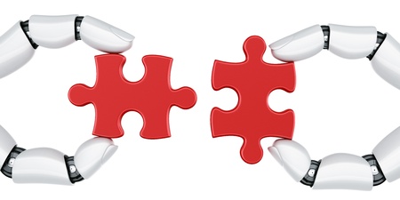 3d rendering of a two robot hands holding a puzzle pieceの写真素材