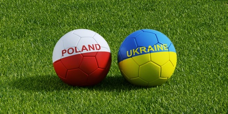 3d rendering of a Ukrainian and Polish soccerball lying on grass, the hosts of the Euro 2012 championship in soccerの写真素材