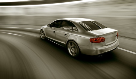 3d rendering of a brandless generic car of my own design in a tunnel with heavy motion blur