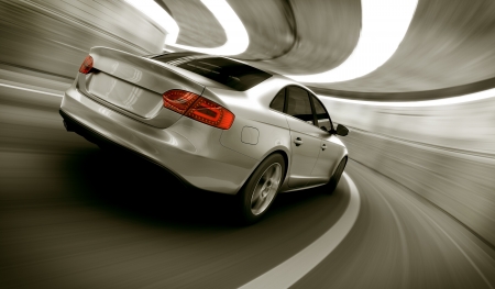 3d rendering of a brandless generic car of my own design in a tunnel with heavy motion blurの写真素材