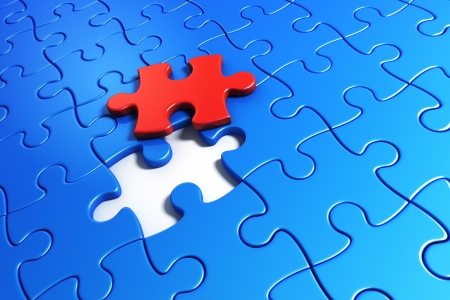 3d rendering of blue puzzle pieces with one red piece lifted upの写真素材
