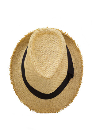 Top view of antique straw hat on white background の写真素材