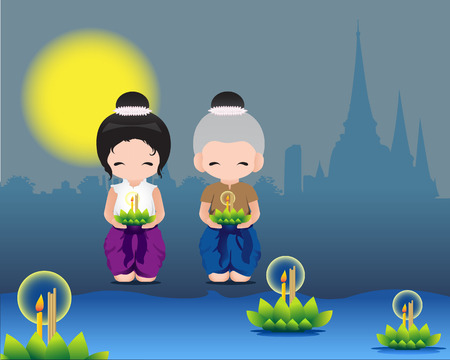 Loy Krathong festival in thailand のイラスト素材