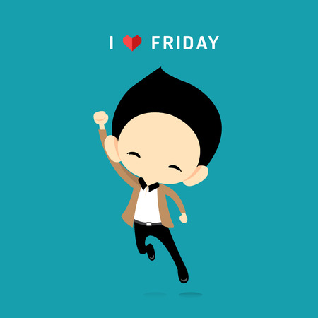 I Love Friday concept with happy businessman jumping in the air cheerfully-Vector Illustrationのイラスト素材