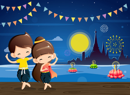 Cute boy&girl in national costume-Thai dance in Loy Krathong festival.Vector Illustrationのイラスト素材