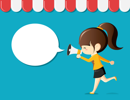 Happy businesswoman announce with megaphone and speech bubble for text.Business marketing concept-Vector Illustrationのイラスト素材