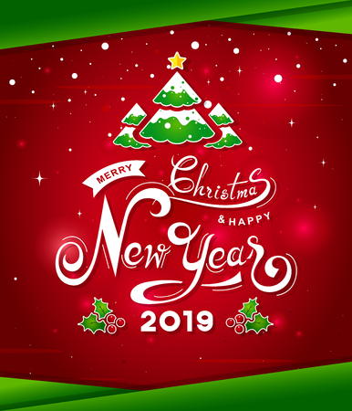 Merry Christmas and Happy New Year 2019 white hand lettering text with Christmas tree on red background. Greeting card design-Vector illustrationのイラスト素材