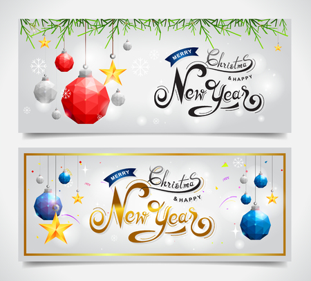 Merry Christmas and Happy New Year banner with hand lettering design on winter Vector Illustration.のイラスト素材