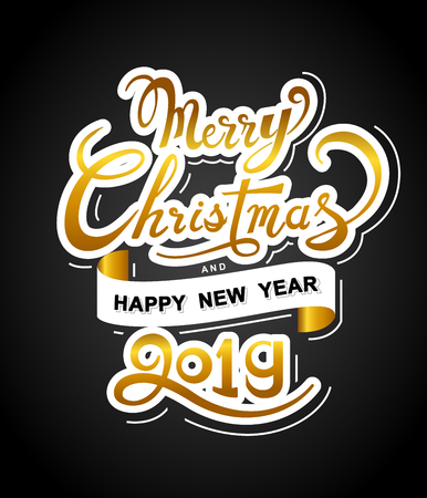 Merry Christmas and Happy New Year poster with hand lettering design on black background-Vector Illustration.のイラスト素材