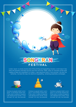 Girl in Thai traditional costume enjoy splashing water in Songkran festival, Vector Illustrationのイラスト素材