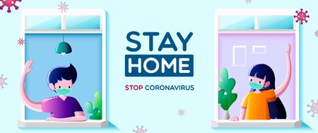 People in medical mask stay at windows and look out of apartment. Greeting and communication of neighbors-Stay at home campaign for coronavirus prevention concept.のイラスト素材