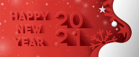 Happy New Year text design in paper cut style and long shadow on red and white background with...