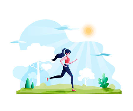 Young woman in sportswear running in the public park.Active healthy lifestyle concept-Vector illustration isolated on white background.のイラスト素材