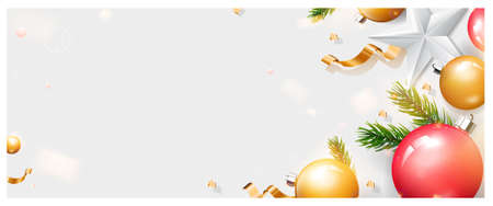 Merry Christmas and Happy New Year background with Origami star, Christmas balls, golden confetti and glowing lights on white background design for greeting card, poster, banner, flyerのイラスト素材