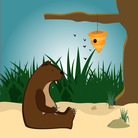 The bear sits on the sand in front of a beehiveのイラスト素材