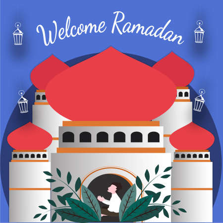 Welcome ramadan kareem flat cartoon character illustrationのイラスト素材