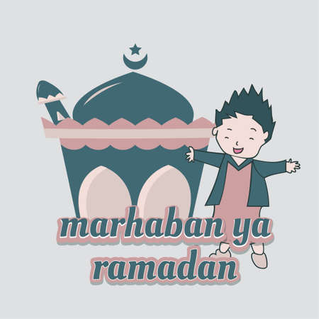 Muslim cartoon with ramadan welcome gesture with flat design.のイラスト素材