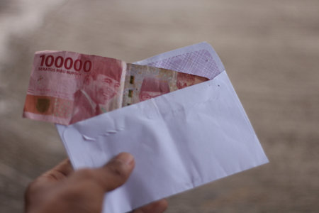 Hand holding banknote in envelope with blurred backgroundの写真素材