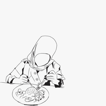 vector illustration of a woman wearing a hijab eating in line art styleのイラスト素材