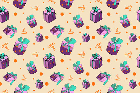 Seamless pattern, hand drawn sketch style illustration of gift boxes with ribbons.